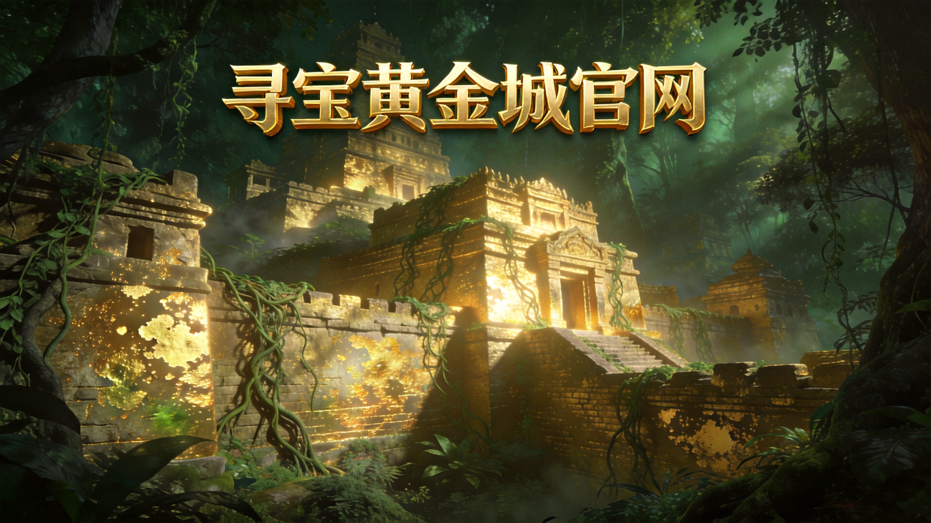 寻宝黄金城官网主视觉背景图，金色古城遗迹在丛林深处若隐若现，散发着神秘光芒