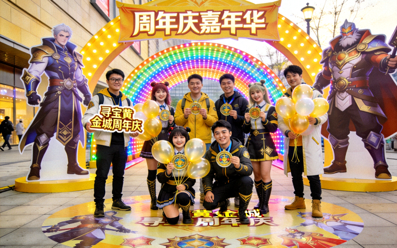 寻宝黄金城周年庆嘉年华活动照片，多位玩家在广场上合影庆祝